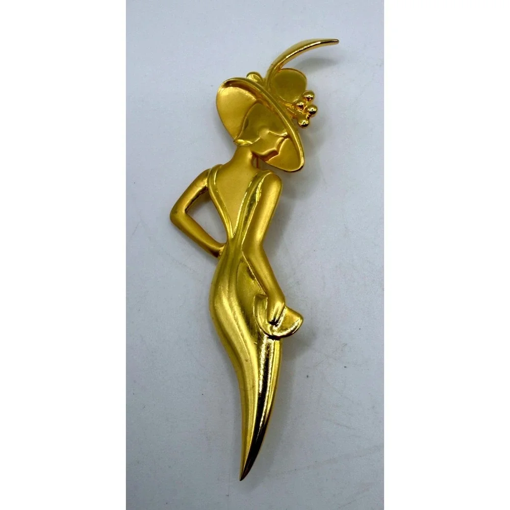 Lady Remington Signed Woman Silhouette Brooch Gold Tone‎ Art Deco Style